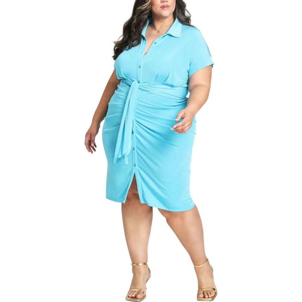 Nina Parker Womens Ruched Tie Front Shirt Dress, Blue, Plus Size, 1X, DM